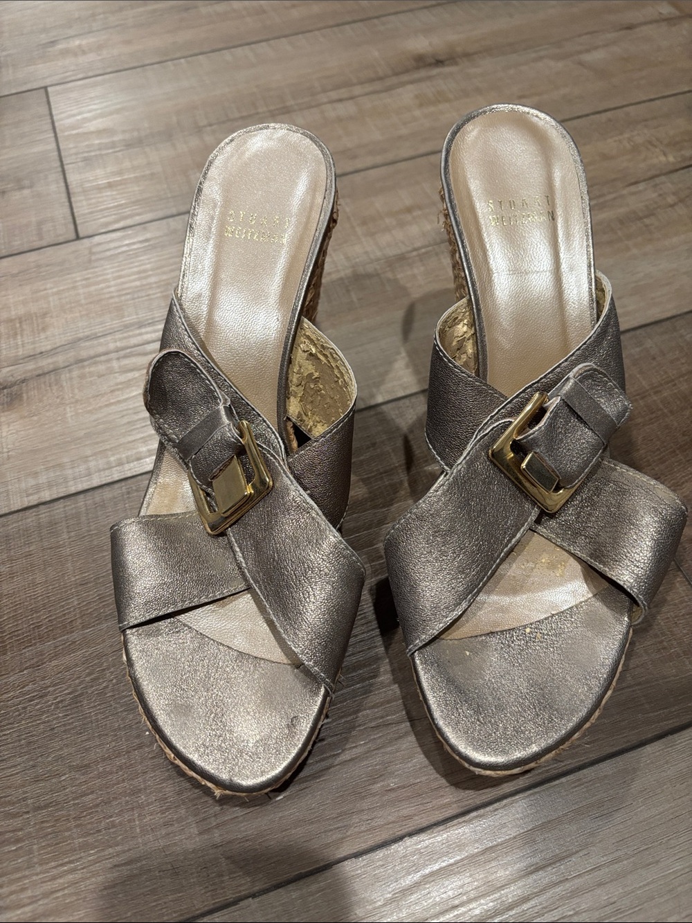 Stuart Weitzman Metallic Pewter Slide Mules with Gold Buckles